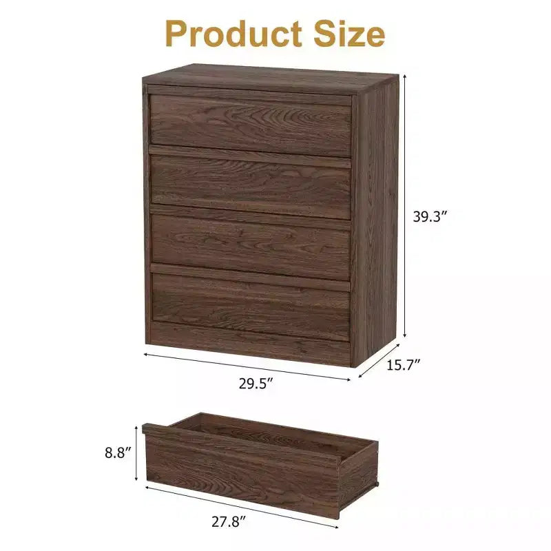 Commode 4 tiroirs Acekool pour chambre à coucher, meuble de rangement en bois avec grands tiroirs, table de chevet pour salon et entrée, noyer