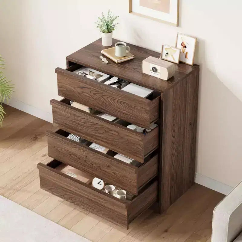 Commode 4 tiroirs Acekool pour chambre à coucher, meuble de rangement en bois avec grands tiroirs, table de chevet pour salon et entrée, noyer