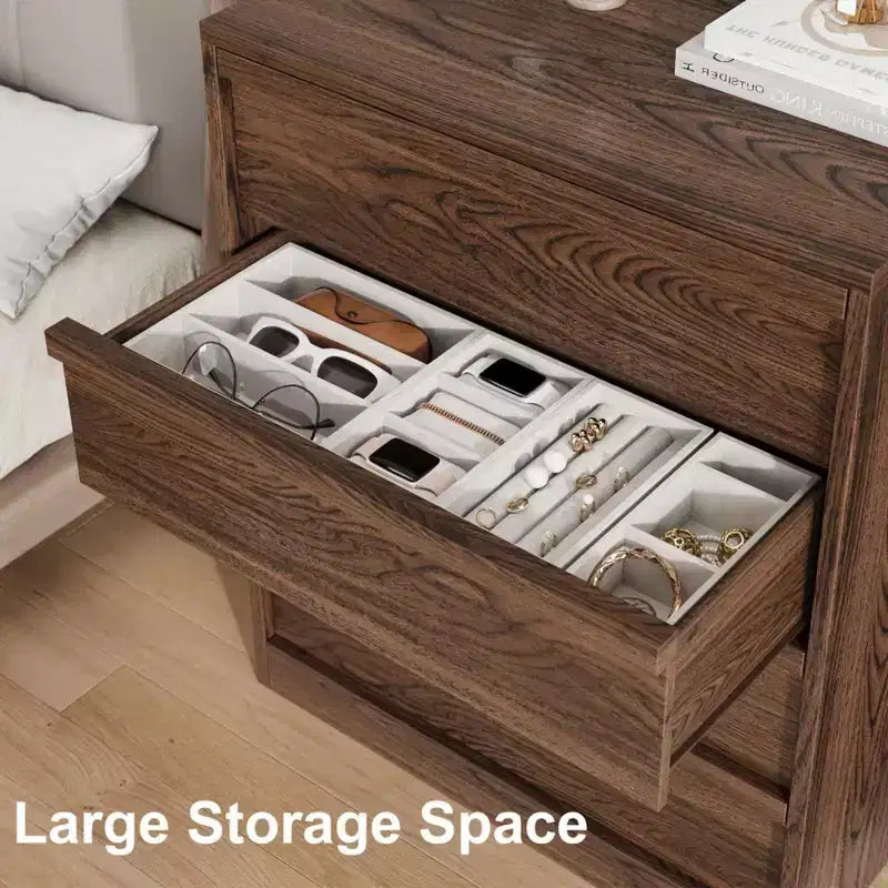 Commode 4 tiroirs Acekool pour chambre à coucher, meuble de rangement en bois avec grands tiroirs, table de chevet pour salon et entrée, noyer