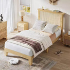 DobleePy Twin Size Square Rattan & Wood Platform Bed Frame, Natural Rattan Headboard, No Box Spring Needed, Easy Assembly