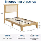 DobleePy Lit plateforme double en rotin et bois, tête de lit en rotin naturel, pas besoin de sommier tapissier, montage facile