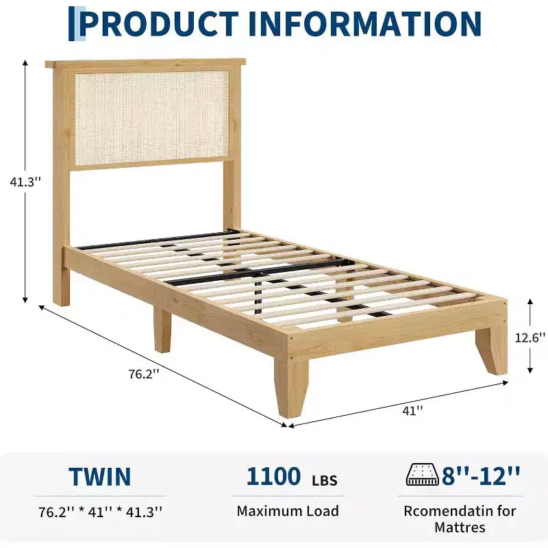 DobleePy Lit plateforme double en rotin et bois, tête de lit en rotin naturel, pas besoin de sommier tapissier, montage facile