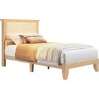 DobleePy Lit plateforme double en rotin et bois, tête de lit en rotin naturel, pas besoin de sommier tapissier, montage facile
