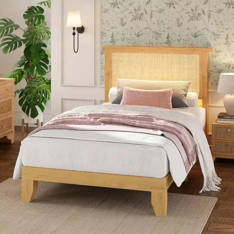 DobleePy Lit plateforme double en rotin et bois, tête de lit en rotin naturel, pas besoin de sommier tapissier, montage facile