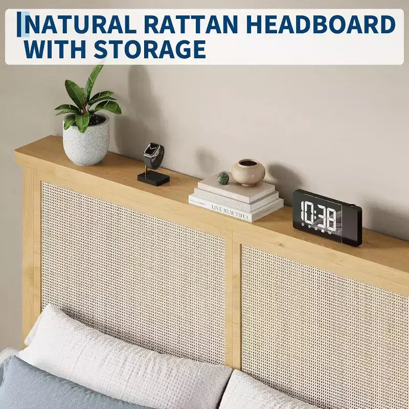 DobleePy Lit plateforme double en rotin et bois, tête de lit en rotin naturel, pas besoin de sommier tapissier, montage facile