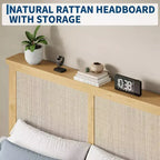 DobleePy Lit plateforme double en rotin et bois, tête de lit en rotin naturel, pas besoin de sommier tapissier, montage facile