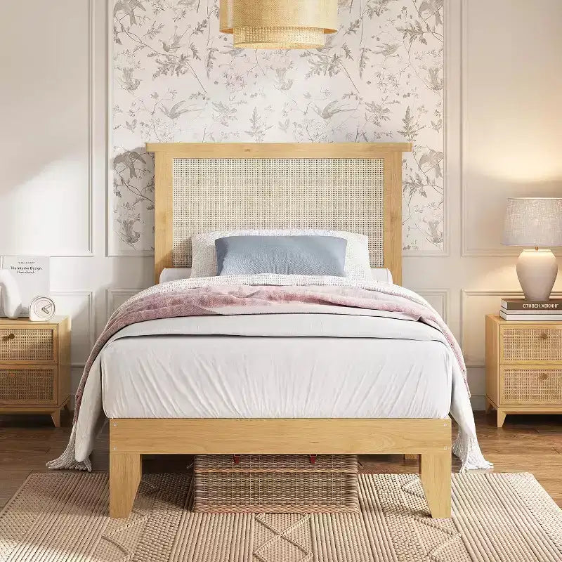 DobleePy Lit plateforme double en rotin et bois, tête de lit en rotin naturel, pas besoin de sommier tapissier, montage facile