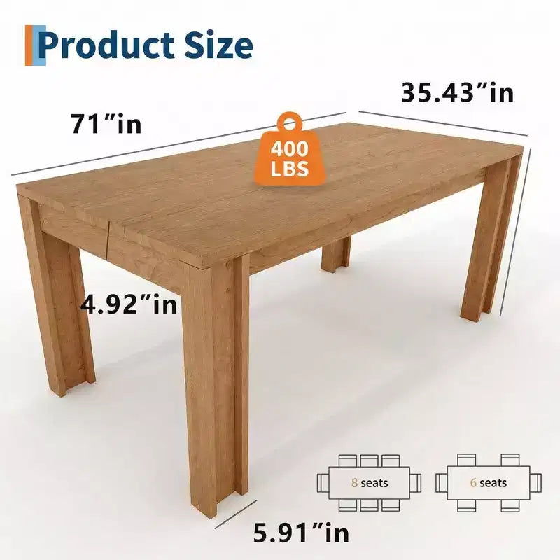 Table à manger GustoWave 71 pour 6-8 personnes, table de cuisine rectangulaire de style ferme avec pieds en H larges, plateau épais, finition bois naturel