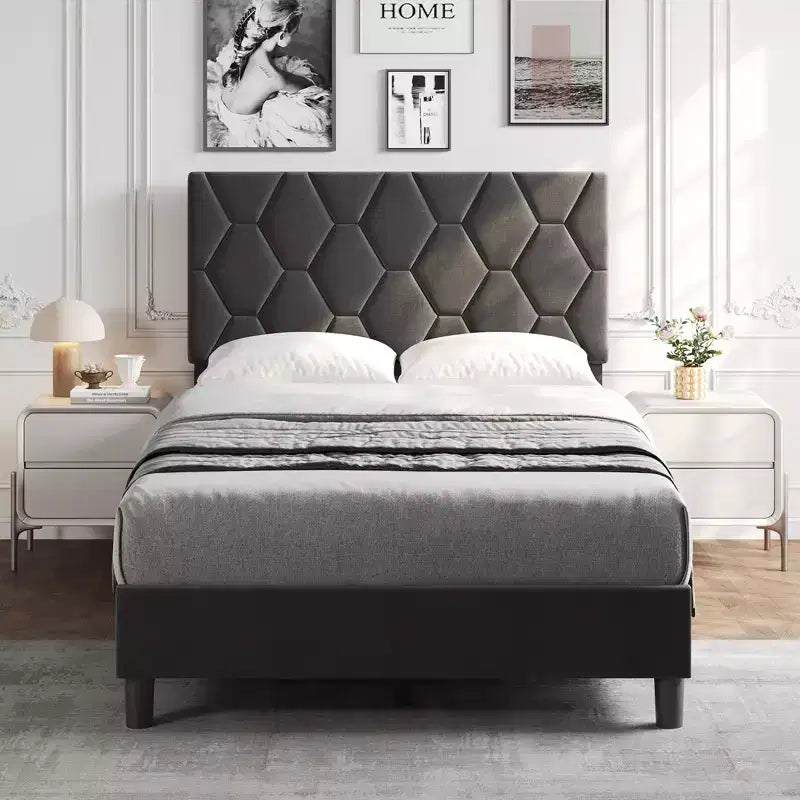 Cadre de lit rembourré avec tête de lit réglable et lattes en bois, sans sommier tapissier, silencieux, montage facile, moderne, double/king, beige