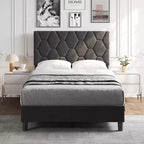 Cadre de lit rembourré avec tête de lit réglable et lattes en bois, sans sommier tapissier, silencieux, montage facile, moderne, double/king, beige
