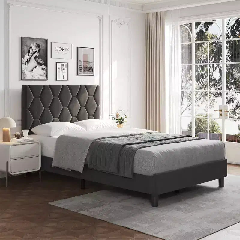 Cadre de lit rembourré avec tête de lit réglable et lattes en bois, sans sommier tapissier, silencieux, montage facile, moderne, double/king, beige