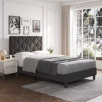 Cadre de lit rembourré avec tête de lit réglable et lattes en bois, sans sommier tapissier, silencieux, montage facile, moderne, double/king, beige