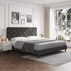 Cadre de lit rembourré avec tête de lit réglable et lattes en bois, sans sommier tapissier, silencieux, montage facile, moderne, double/king, beige