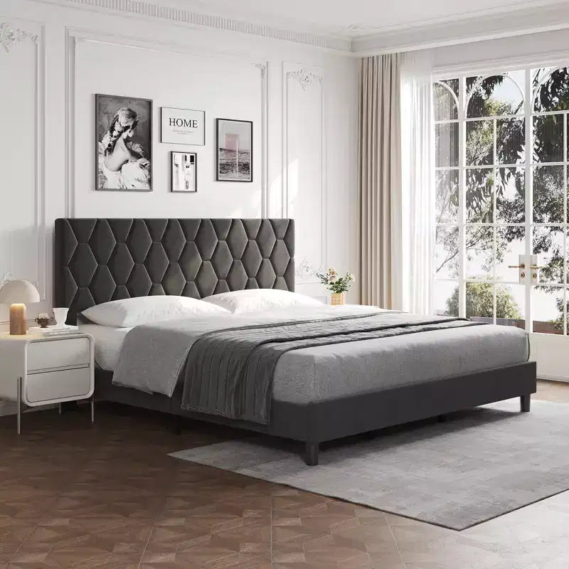 Cadre de lit rembourré avec tête de lit réglable et lattes en bois, sans sommier tapissier, silencieux, montage facile, moderne, double/king, beige