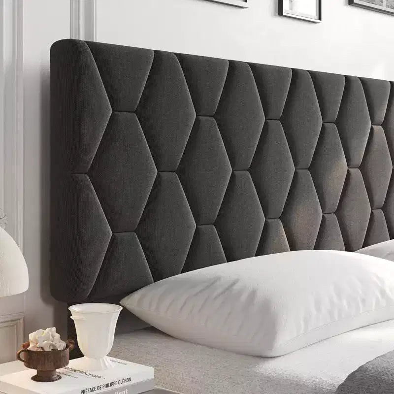 Cadre de lit rembourré avec tête de lit réglable et lattes en bois, sans sommier tapissier, silencieux, montage facile, moderne, double/king, beige