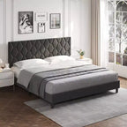 Cadre de lit rembourré avec tête de lit réglable et lattes en bois, sans sommier tapissier, silencieux, montage facile, moderne, double/king, beige