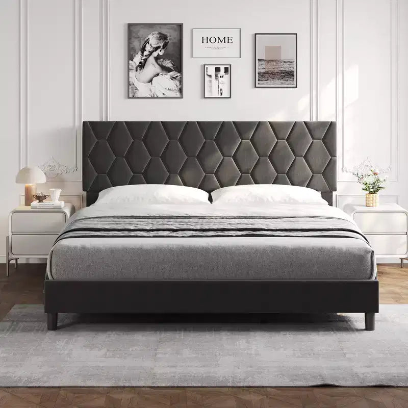 Cadre de lit rembourré avec tête de lit réglable et lattes en bois, sans sommier tapissier, silencieux, montage facile, moderne, double/king, beige