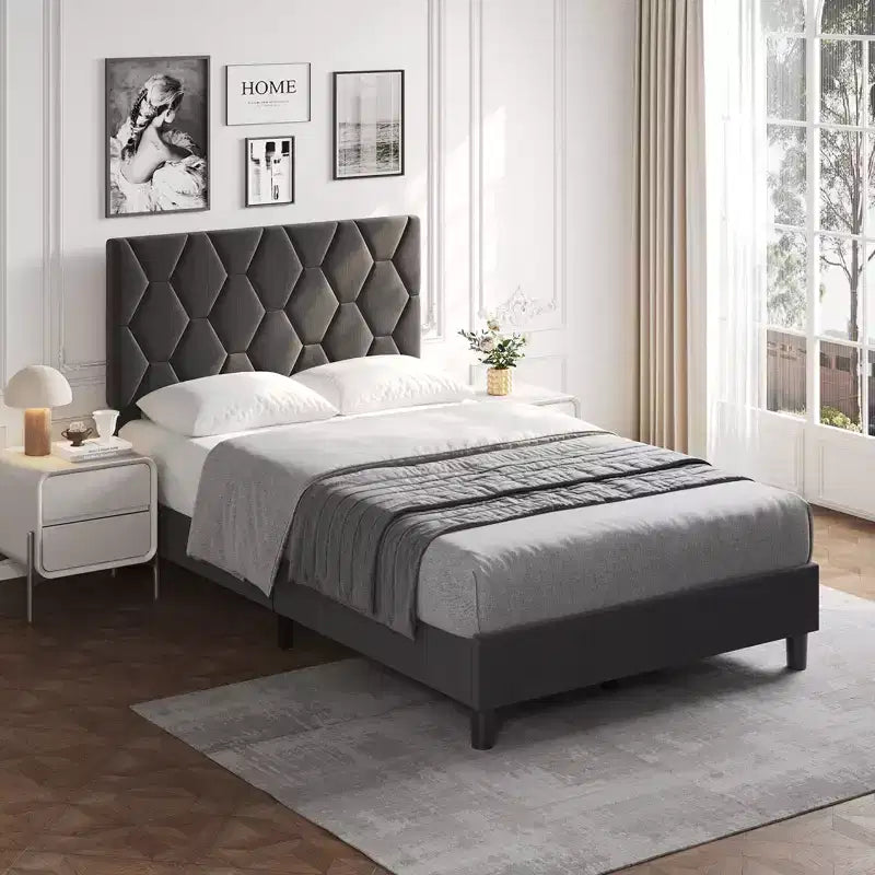 Cadre de lit rembourré avec tête de lit réglable et lattes en bois, sans sommier tapissier, silencieux, montage facile, moderne, double/king, beige