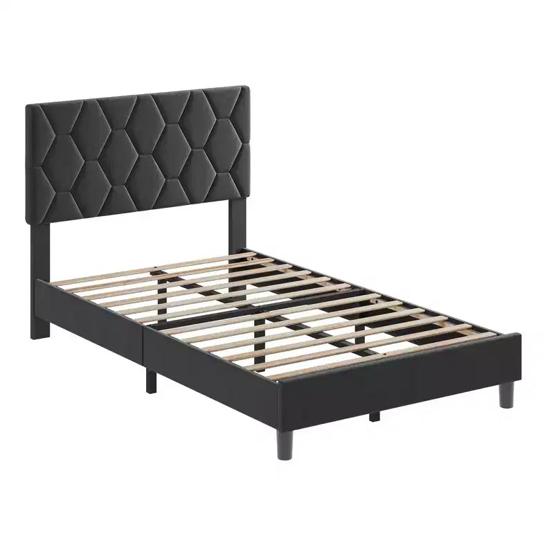 Cadre de lit rembourré avec tête de lit réglable et lattes en bois, sans sommier tapissier, silencieux, montage facile, moderne, double/king, beige