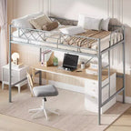 Lit mezzanine deux places avec garde-corps de sécurité arqué et échelle de sécurité, cadre en métal robuste avec lattes en acier solides, pas besoin de sommier tapissier, gain de place