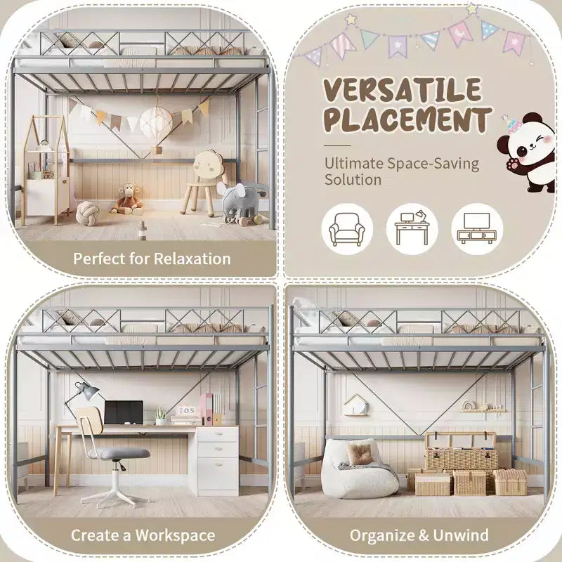 Lit mezzanine deux places avec garde-corps de sécurité arqué et échelle de sécurité, cadre en métal robuste avec lattes en acier solides, pas besoin de sommier tapissier, gain de place