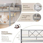 Lit mezzanine deux places avec garde-corps de sécurité arqué et échelle de sécurité, cadre en métal robuste avec lattes en acier solides, pas besoin de sommier tapissier, gain de place