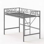 Lit mezzanine deux places avec garde-corps de sécurité arqué et échelle de sécurité, cadre en métal robuste avec lattes en acier solides, pas besoin de sommier tapissier, gain de place