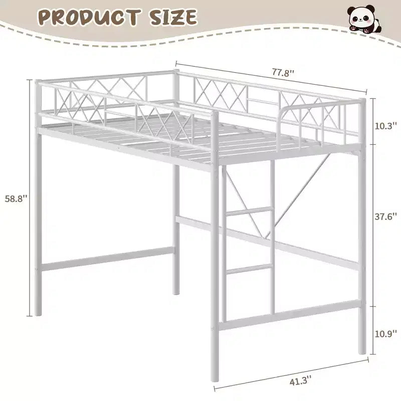 Lit mezzanine deux places avec garde-corps de sécurité arqué et échelle de sécurité, cadre en métal robuste avec lattes en acier solides, pas besoin de sommier tapissier, gain de place