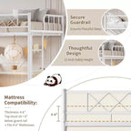 Lit mezzanine deux places avec garde-corps de sécurité arqué et échelle de sécurité, cadre en métal robuste avec lattes en acier solides, pas besoin de sommier tapissier, gain de place
