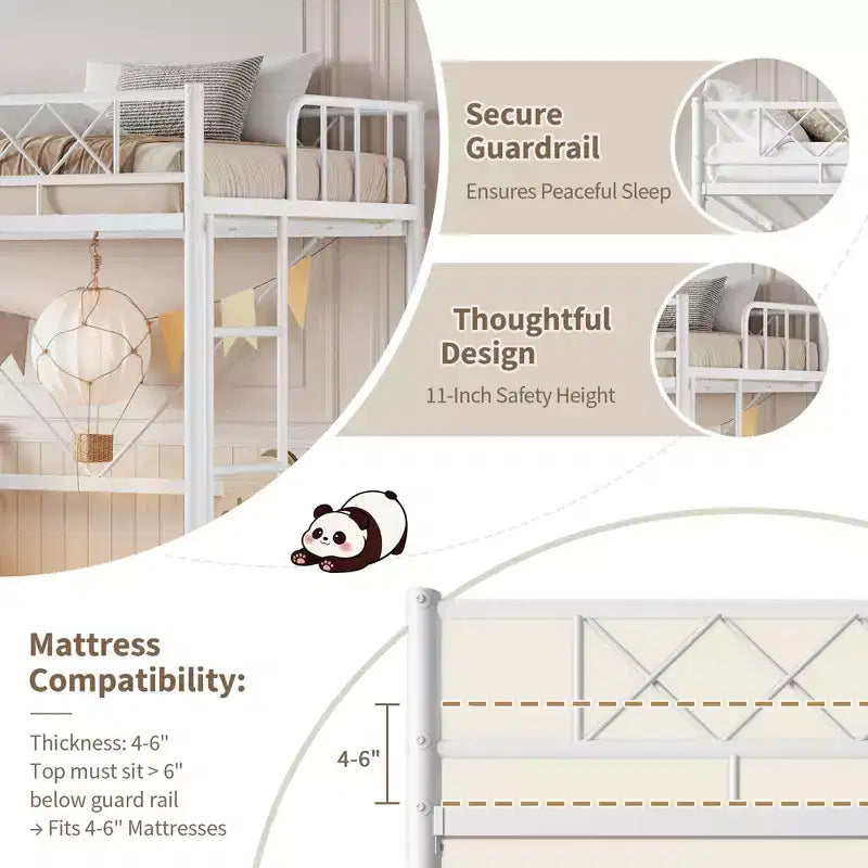Lit mezzanine deux places avec garde-corps de sécurité arqué et échelle de sécurité, cadre en métal robuste avec lattes en acier solides, pas besoin de sommier tapissier, gain de place