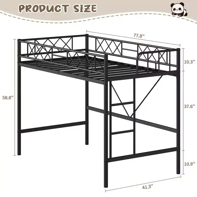 Lit mezzanine deux places avec garde-corps de sécurité arqué et échelle de sécurité, cadre en métal robuste avec lattes en acier solides, pas besoin de sommier tapissier, gain de place