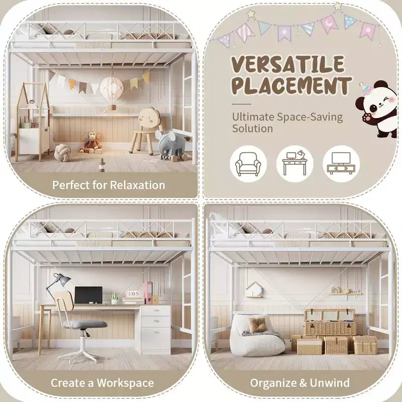Lit mezzanine deux places avec garde-corps de sécurité arqué et échelle de sécurité, cadre en métal robuste avec lattes en acier solides, pas besoin de sommier tapissier, gain de place