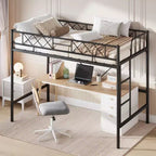 Lit mezzanine deux places avec garde-corps de sécurité arqué et échelle de sécurité, cadre en métal robuste avec lattes en acier solides, pas besoin de sommier tapissier, gain de place