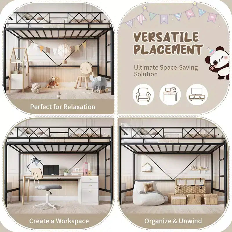 Lit mezzanine deux places avec garde-corps de sécurité arqué et échelle de sécurité, cadre en métal robuste avec lattes en acier solides, pas besoin de sommier tapissier, gain de place