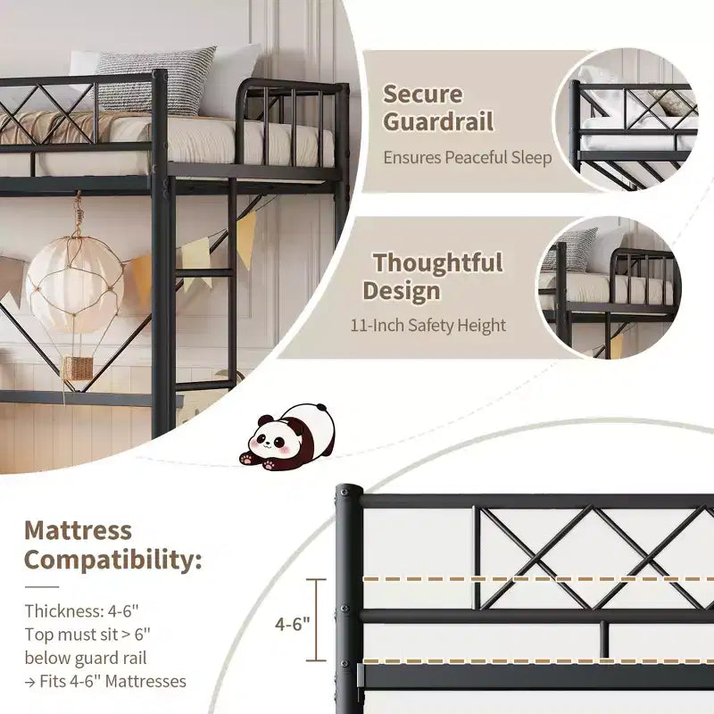 Lit mezzanine deux places avec garde-corps de sécurité arqué et échelle de sécurité, cadre en métal robuste avec lattes en acier solides, pas besoin de sommier tapissier, gain de place