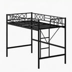 Lit mezzanine deux places avec garde-corps de sécurité arqué et échelle de sécurité, cadre en métal robuste avec lattes en acier solides, pas besoin de sommier tapissier, gain de place