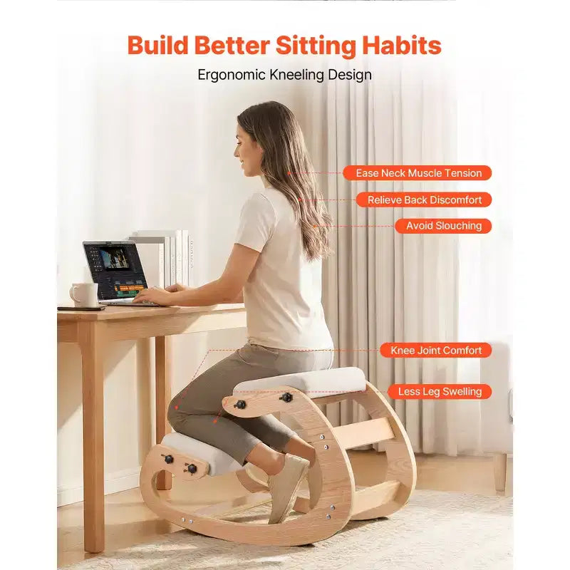 Chaise Ergonomique à Genoux VEVOR, Chaise à Genoux Posture en Bois avec Coussins Épais en Mousse Réglables et Cadre en Bois Massif, Hauteur Réglable, Beige