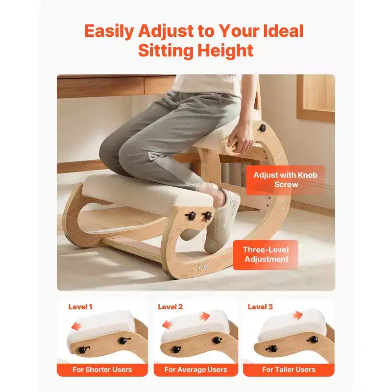 Chaise Ergonomique à Genoux VEVOR, Chaise à Genoux Posture en Bois avec Coussins Épais en Mousse Réglables et Cadre en Bois Massif, Hauteur Réglable, Beige