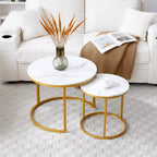 Set of 2 Nesting Coffee Tables  White & Gray Marble Top with Golden Frame, Round Wooden Tables for Living Room, Bedroom, Modern Industrial Nightstand