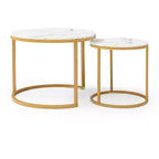 Lot de 2 tables basses gigognes – Plateau en marbre blanc et gris avec cadre doré, tables rondes en bois pour salon, chambre, table de chevet industrielle moderne