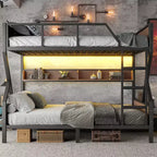 Bellemave Lit superposé superposé en métal avec étagères de rangement et lumière LED, cadre de lit superposé robuste avec barrières de sécurité et échelle, silencieux, noir
