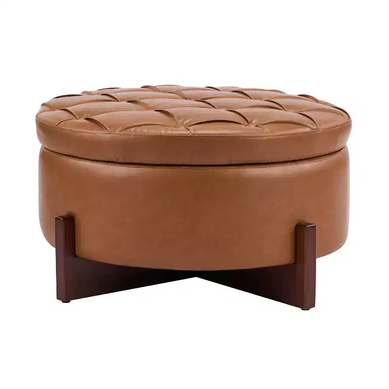 Christopher Knight Home Javier Pouf de rangement rond moderne en bois rembourré avec design capitonné et couvercle réversible