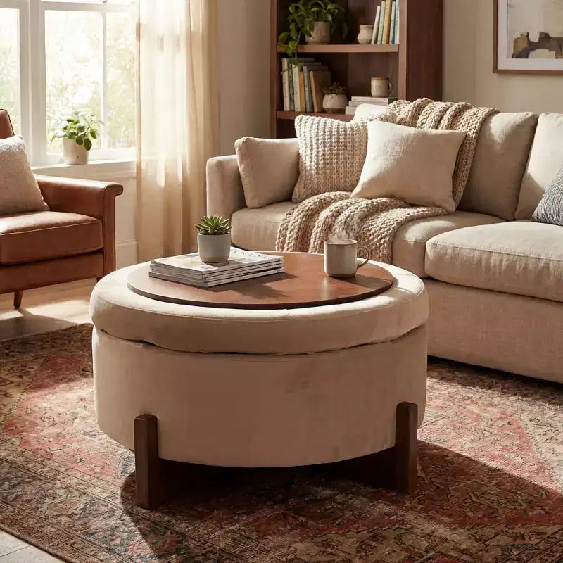 Christopher Knight Home Javier Pouf de rangement rond moderne en bois rembourré avec design capitonné et couvercle réversible