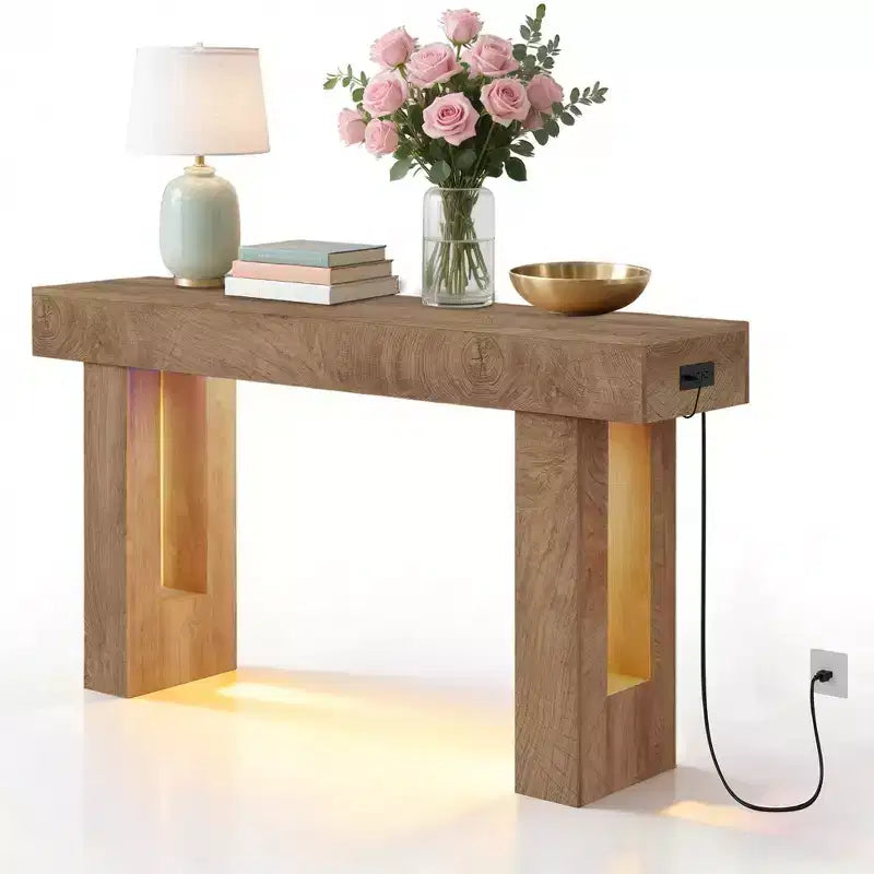 GustoWave 63 Table console de ferme, Table d'entrée en bois avec étagère de rangement, Table de canapé étroite pour couloir, entrée, Bois de santal
