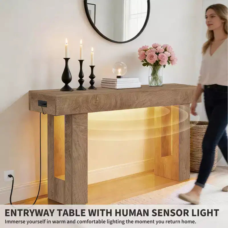 GustoWave 63 Table console de ferme, Table d'entrée en bois avec étagère de rangement, Table de canapé étroite pour couloir, entrée, Bois de santal