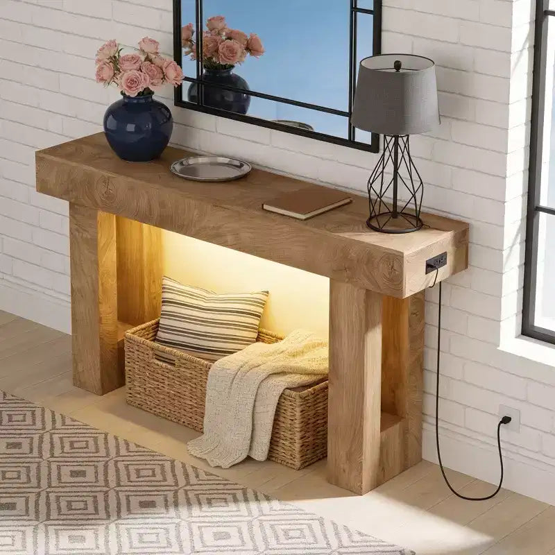 GustoWave 63 Table console de ferme, Table d'entrée en bois avec étagère de rangement, Table de canapé étroite pour couloir, entrée, Bois de santal