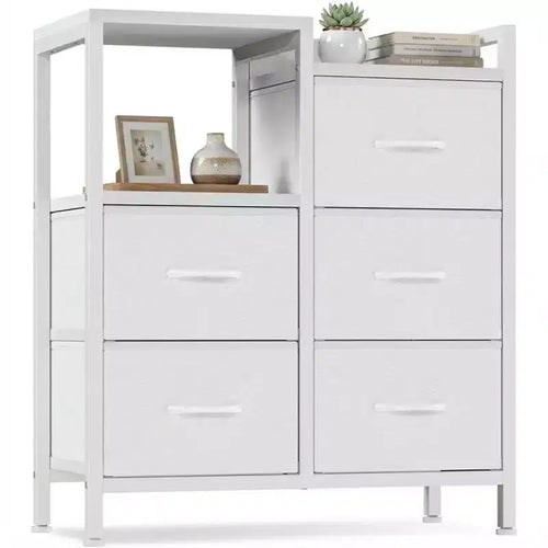 5-Drawer Cabinet with Open Shelf, Fabric Lateral Filing Cabinet for Office