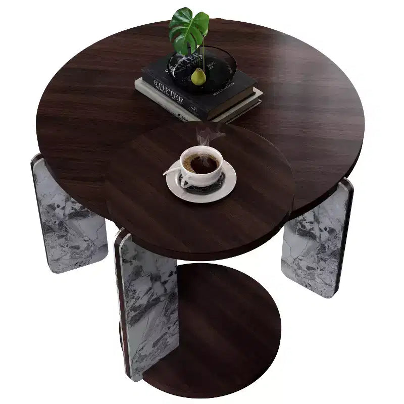 Ensemble Table Basse Ronde Moderne Ora Maison avec Pieds en Pierre Frittée et Table d'Appoint Assortie, Noir