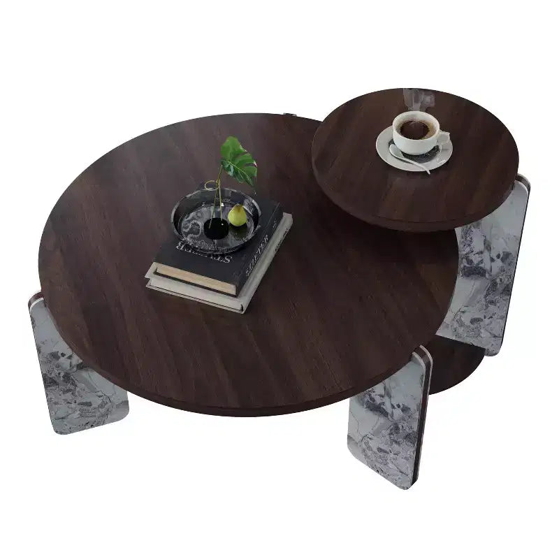 Ensemble Table Basse Ronde Moderne Ora Maison avec Pieds en Pierre Frittée et Table d'Appoint Assortie, Noir