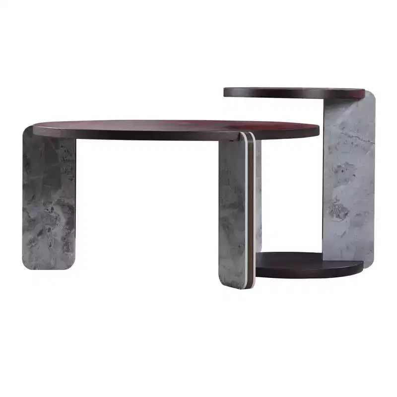 Ensemble Table Basse Ronde Moderne Ora Maison avec Pieds en Pierre Frittée et Table d'Appoint Assortie, Noir